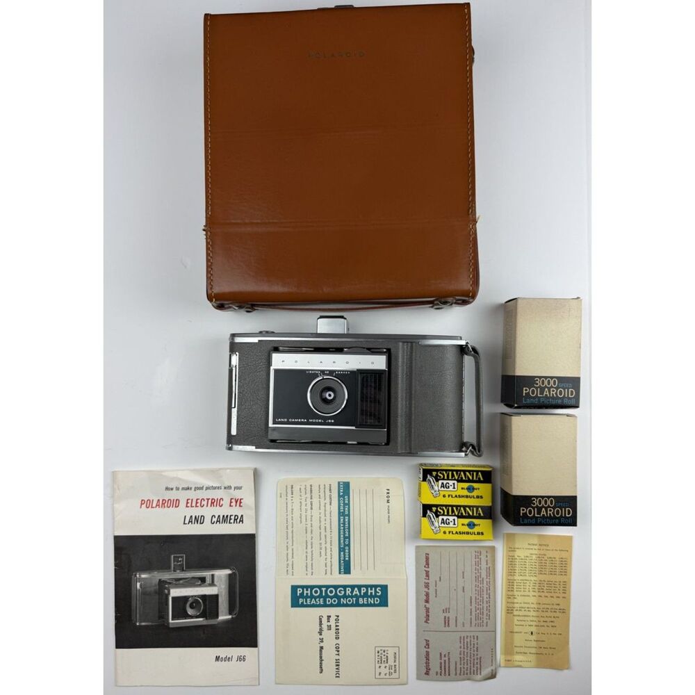 Vintage Polaroid J66 Electric Eye Land Camera w/ Case Film Manual Bulbs